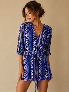 Yumi Kim | 100% Silk Blue Aztec Print Romper Tie Waist Boho Festival, Size M
